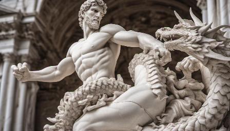 A Roman statue carved from white marble of a man fighting a dragon, large basilica, highly detailed35mm film movie still, ultra photorealistic, photorealism, shot of a chick, full body, film grain, taken with hasselblad H6D 100c, the HCD 24mm lens, hazy mood, cinematic dramatic lighting, (DOF:1.4), sharp focus, (perfect real extremely details), amazing fine detail, absurdres, hyper realistic lifelike texture, dramatic lighting