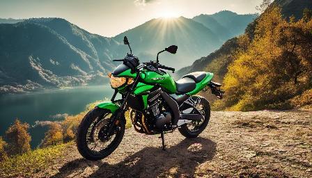 Beautiful motorbike. Kawasaki in mountain detailed, in the morning, the sun present, saturated quality, high quality
