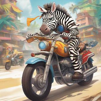 A zebra riding a motorcycle, radiating confidence and joy. Capture the essence of the characters' adventurous spirit as they explore a vibrant and dynamic world