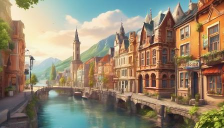 Beautiful town great quality, epic background, high resolution, 8K, daytime, variety of details, high definition, real colours, bright sunlight