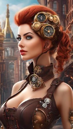 A Woman implanted whith a Steampunk arm, great quality, in a Steampunk city, high resolution, 8K, variety of details, high definition, variety of complexion, color hair and face in the implanted, blond, red or black hair, variety of backgroud