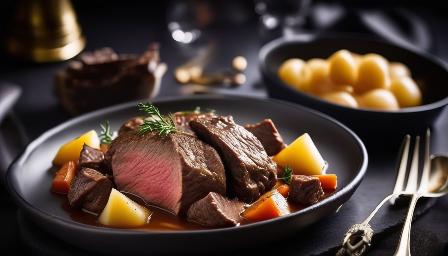 Food photography, Beef meat stewed, in a luxurious Michelin kitchen style, studio lighting