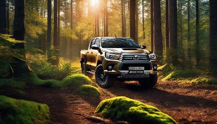 Beautiful van Hilux in a forest, high detailed, in the morning, the sun present,  wheels in motion, saturated quality, high quality