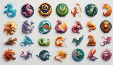 Realistic high-quality icon shapes with mythical creatures, smooth and mythological elements flat shaped 3d