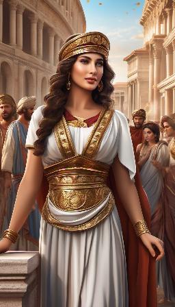 Antique Roman clothes, Woman wearing the clothes, variety of ethnicities, complexions and random man's faces, great quality, epic background, high resolution, 8K, variety of details, high definition, in daytime city