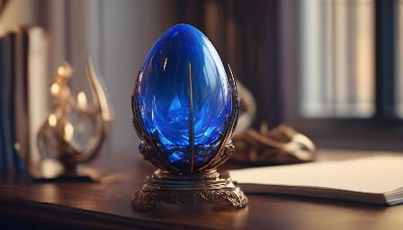 photorealistic artwork sculpture of a crystal egg with a flame of electric blue energy contained inside, wrapped with bronze metallic supports, elegant base, on an elegant wooden desk in a beautiful study room, details, different, bokeh, best quality, high details, DSLR, 4k