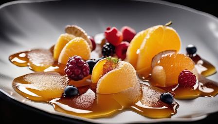 Food photography, fruit in syrup, in a luxurious Michelin kitchen style, studio lighting