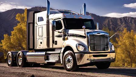 Beautiful truck. Freightliner in mountain detailed, in the morning, the sun present, high quality