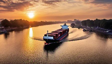 Beautiful Container ships, On the river, detailed, in the morning, the sun present, saturated quality, higt quality, color saturated