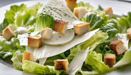Food photography, Caesar salad, in a luxurious Michelin kitchen style