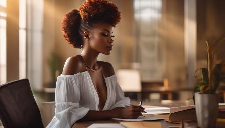 A beautiful African Woman, in a Study Room, with clothe Seductive, high resolution, 8k, variety of details, High definition, Random colour hair