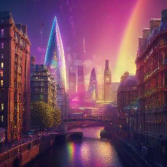 London city cyberpunk version, intricate, glimmer, glamour, backlit, Depth of Field, ultra detailed, rainbow, beautifully color graded, golden ratio, creative, expressive, colorful, 3D rendering, alluring, serene, masterpiece, nearing perfection