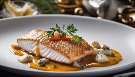 Food photography, fish fillet in sauces, in a luxurious Michelin kitchen style, studio lighting