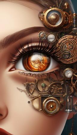 A Woman implanted whith a Steampunk eye, great quality, in a Steampunk clinic, high resolution, 8K, variety of details, high definition, variety of complexion, color hair and face in the implanted, blond, red or black hair, variety of background