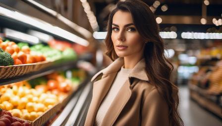 Brunette woman, in a Grocery trade, epic backdrop, with clothes Romantic style, rim lighting, studio lighting