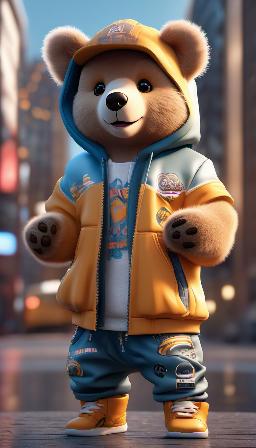 A cute Kawaii tiny hyper realistic baby bear wearing hip hop clothes, city background. wide angle full body, 8k, Cinematography, photorealistic,epic composition Unreal Engine,Cinematic, Color Grading, Portrait Photography