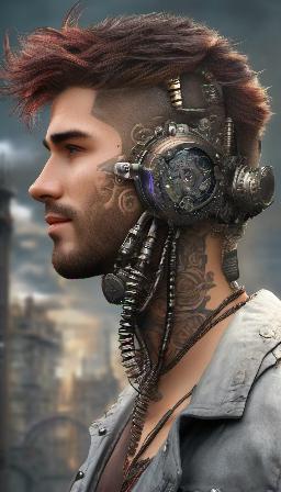 A Man with implant in Steamgoth, great quality, in a city, high resolution, 8K, entire body, variety of details, high definition, variety of complexion and face in the implanted, variety of color hair