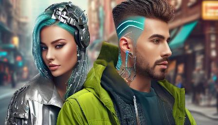 Couple implanted in Cyber Metal Style, great quality, in a city, high resolution, body covered with clothes, 8K, entire body, variety of details, with implant, high definition, variety of complexion and face in the implanted, variety of color hair
