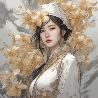 A confident woman with thin golden lilies, intricate, elegant, highly detailed, wonderful, sweet eyes, digital painting, arts station, concept art, soft, sharp focus, illustration paint line art manga color line art _perfect composition_coherent, impresionismo