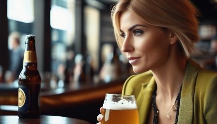 A Random face Caucasian Woman, in a detail Bar tablet with a beer, with clothes Dramatic Style, high resolution, 8k, Middle distance view, The camera located in the middle distance, variety of details, High definition, Random colour hair
