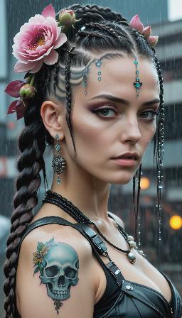 A woman with a flower in her hair, cyberpunk style, tattoos, raining, droplets, skulls, bones, leather, fabric, braids, pearls