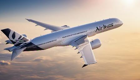 Beautiful plain flying, Airbus A350 high detailed, in the morning, the sun present, wheels in motion