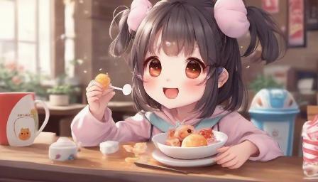 A character that embodies a cute tiny hyperrealistic Anime cute girl, with cute smile , chibi, cartoon and adorable. Describe its appearance, voice, and the heartwarming interactions it has with users. she is eating loly pop