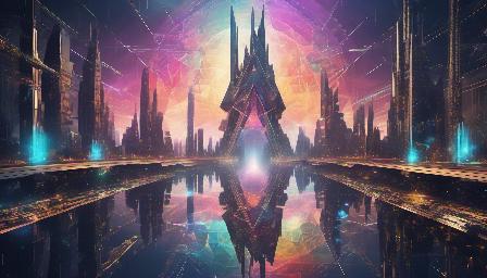 A city suspended among the void, with floating metal and celestial waterfalls futuristic, centered, middle of an Insanely colorful epic realistic, prismatic. grid, triangles, fractal, elemental fusion