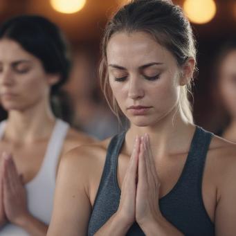 A woman with her eyes closed and hands together in prayer, sweating during a hot yoga class, cinematic 4k epic detailed 4k epic detailed photograph shot on kodak detailed bokeh cinematic hbo dark moody