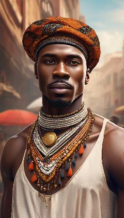 Antique African clothes, Man wearing the clothes, variety of ethnicities, complexions and random man's faces, great quality, epic background, high resolution, 8K, variety of details, high definition, in daytime city