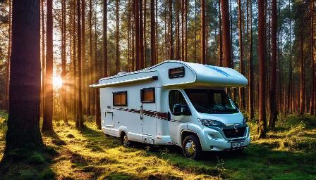Beautiful motorhome in a forest detailed, in the morning, the sun present, saturated quality, high quality, color saturated