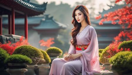 A beautiful Oriental Woman, in a Garden, with clothes Sporty, high resolution, 8k, variety of details, High definition, Random colour hair, clean details, Realistic photography, good color, Correctly coloured scenery