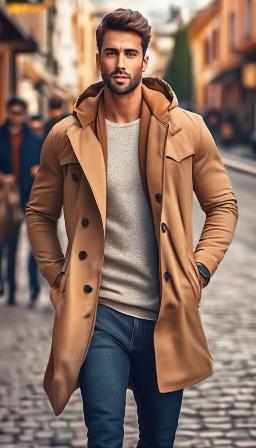 Modern Man confortable clothes, a Man wearing the confortable clothes, variety of ethnicities, complexions and random man's faces, great quality, epic background, high resolution, 8K, daytime, variety of details, high definition, in town, bright sunlight