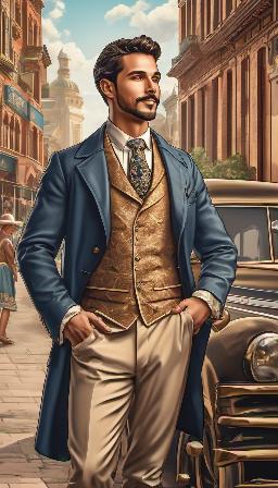 Antique American clothes, Man wearing the clothes, variety of ethnicities, great quality, epic background, high resolution, 8K, variety of details, high definition, in daytime city