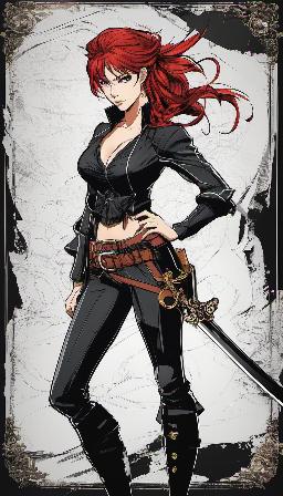 Anime style, full body, red hair, White eyes, masterpiece, color pieces, sketchbook, hand-drawn, dark, gritty, realistic sketch, rough sketch, mix of dark bold lines and loose lines, bold lines, on paper, twist character sheet, female pirate, full body ,mysterious, dangerous eyes, plain black background