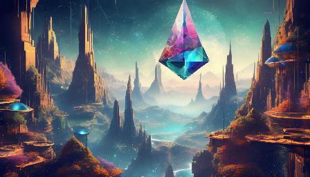 A montain suspended among the void, with floating cities and celestial waterfalls, futuristic, centered, middle of an Insanely colorful epic realistic, prismatic. grid, triangles, fractal, elemental fusion