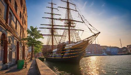 Beautiful Antique sailing ship, In the harbour, detailed, in the morning, the sun present, saturated quality, higt quality, color saturated