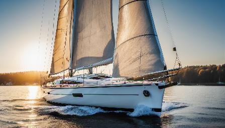 Beautiful sailing yacht, Hallberg-Rassy on the lake, high detailed, in the morning, the sun present, wheels in motion, saturated quality, high quality